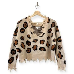 Miracle USA Leopard Print Distressed Cropped Sweater Size Small Medium